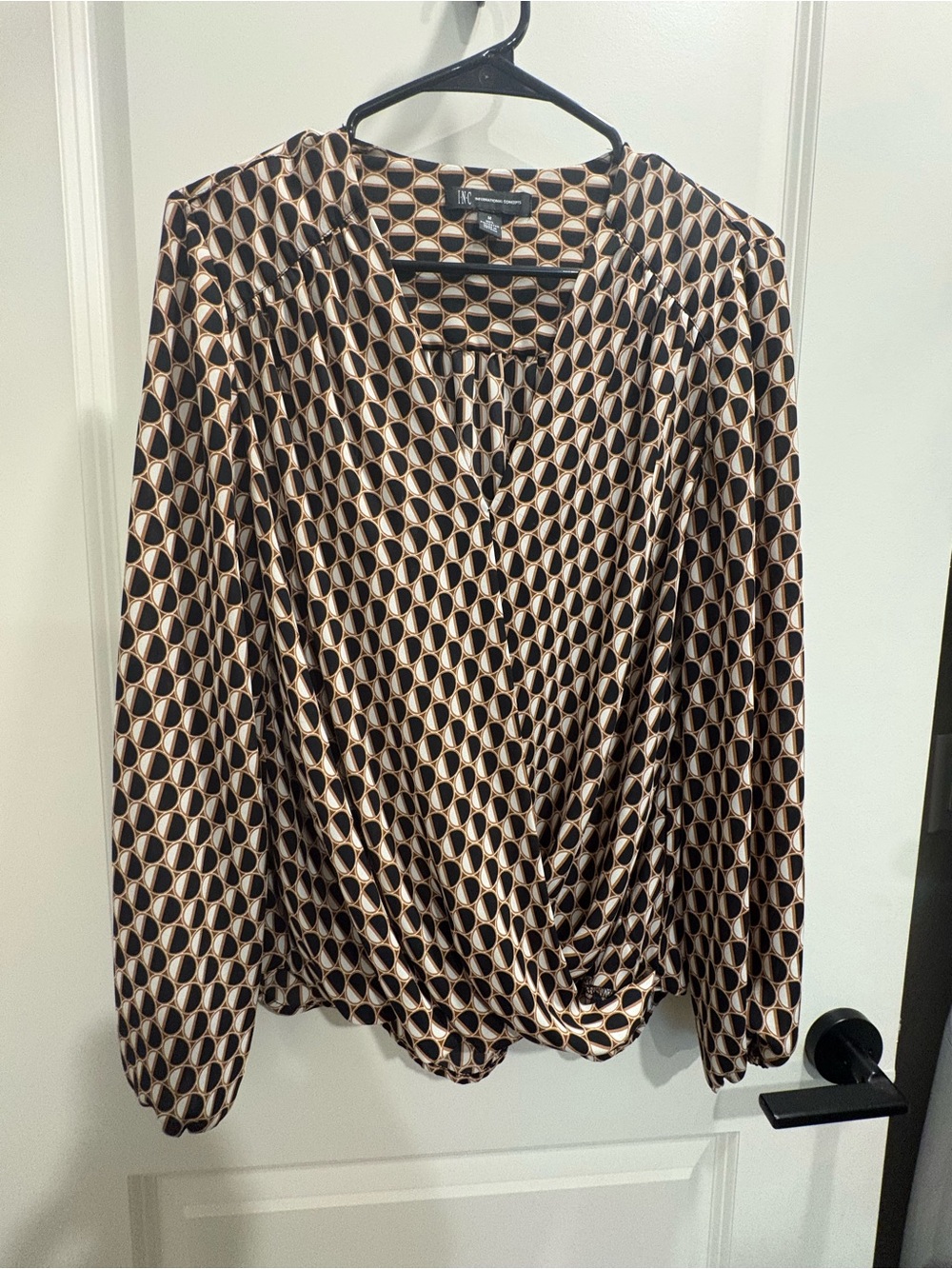 INC International Concepts Black and Beige Geometric Wrap-Front Blouse